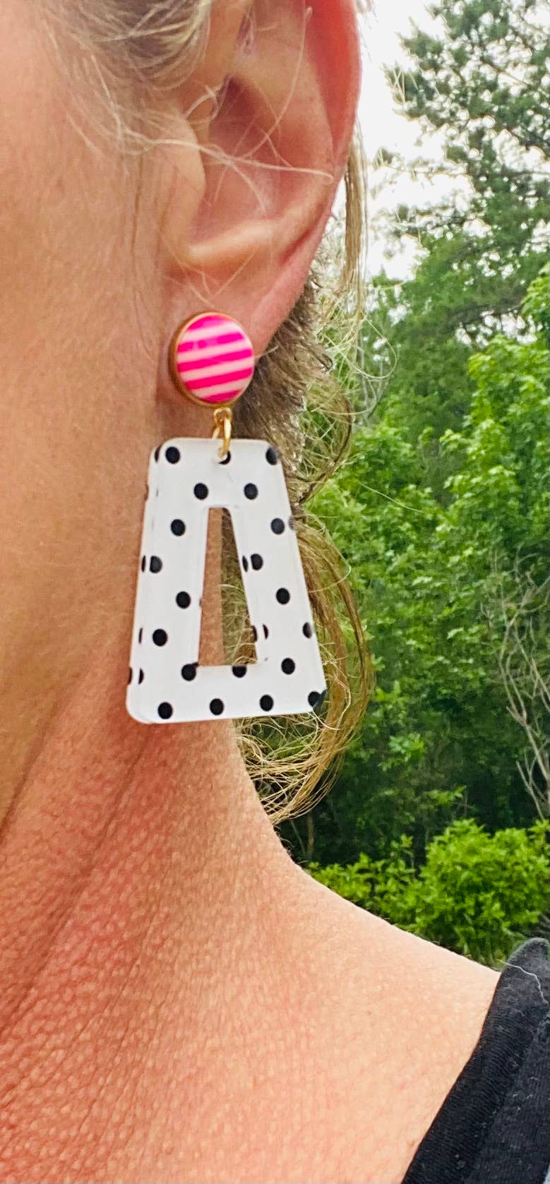 Fun Polka Dots With Pink and White Stripe Button Earrings