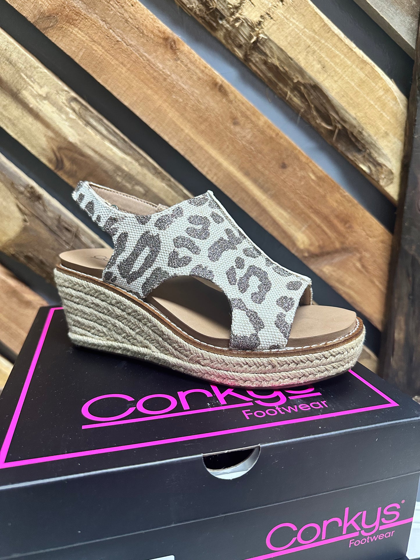Corkys tan sparkle leopard wedge