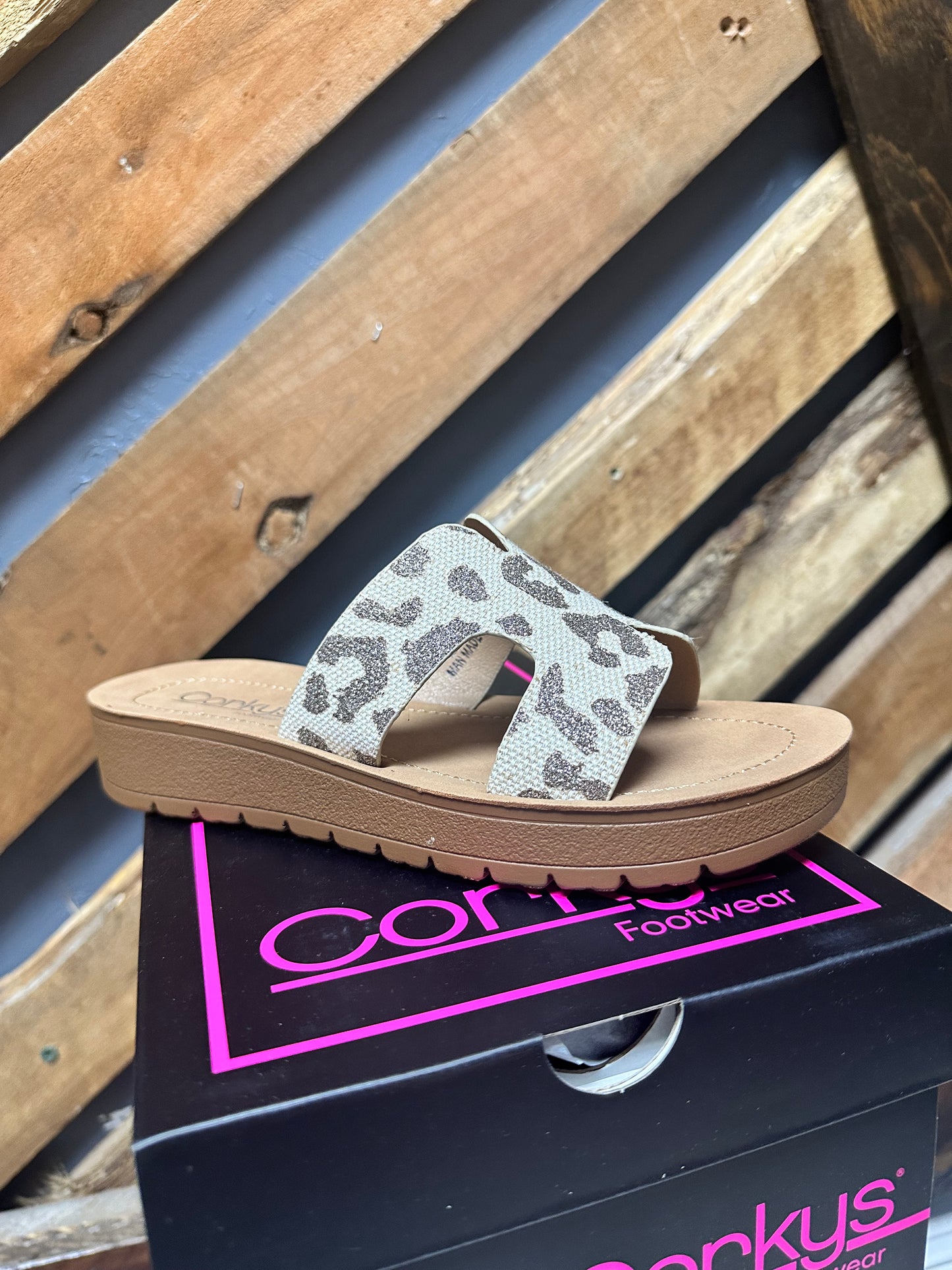 Corkys tan sparkle leopard sandal