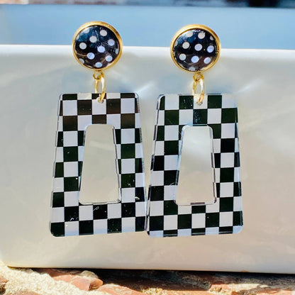 Retro Checkered Chic Acrylic Dangle Earrings