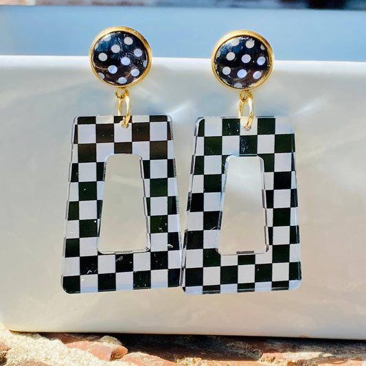 Retro Checkered Chic Acrylic Dangle Earrings