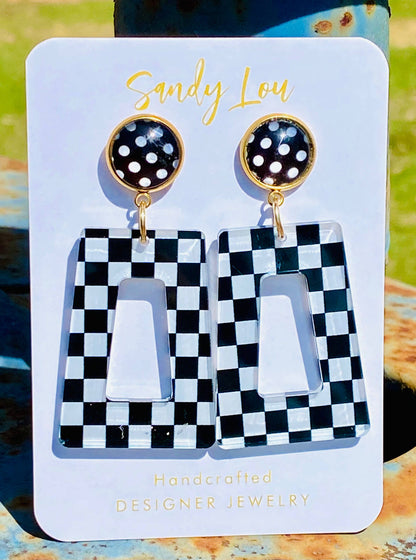 Retro Checkered Chic Acrylic Dangle Earrings