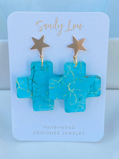 Turquoise Stone Cross Earrings | Star Stud Dangles