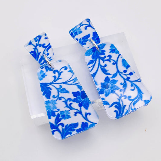 GEO VINTAGE BLUE FLORAL EARRINGS