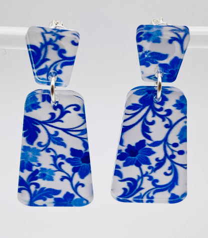 GEO VINTAGE BLUE FLORAL EARRINGS