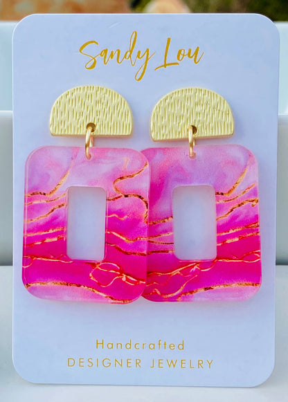 Spring Blush Marble Statement Earrings – Pink & Gold Acrylic