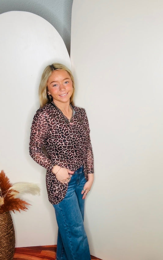 Ruffle neck cheetah mesh top