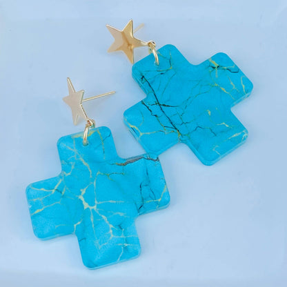 Turquoise Stone Cross Earrings | Star Stud Dangles