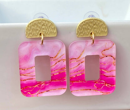 Spring Blush Marble Statement Earrings – Pink & Gold Acrylic