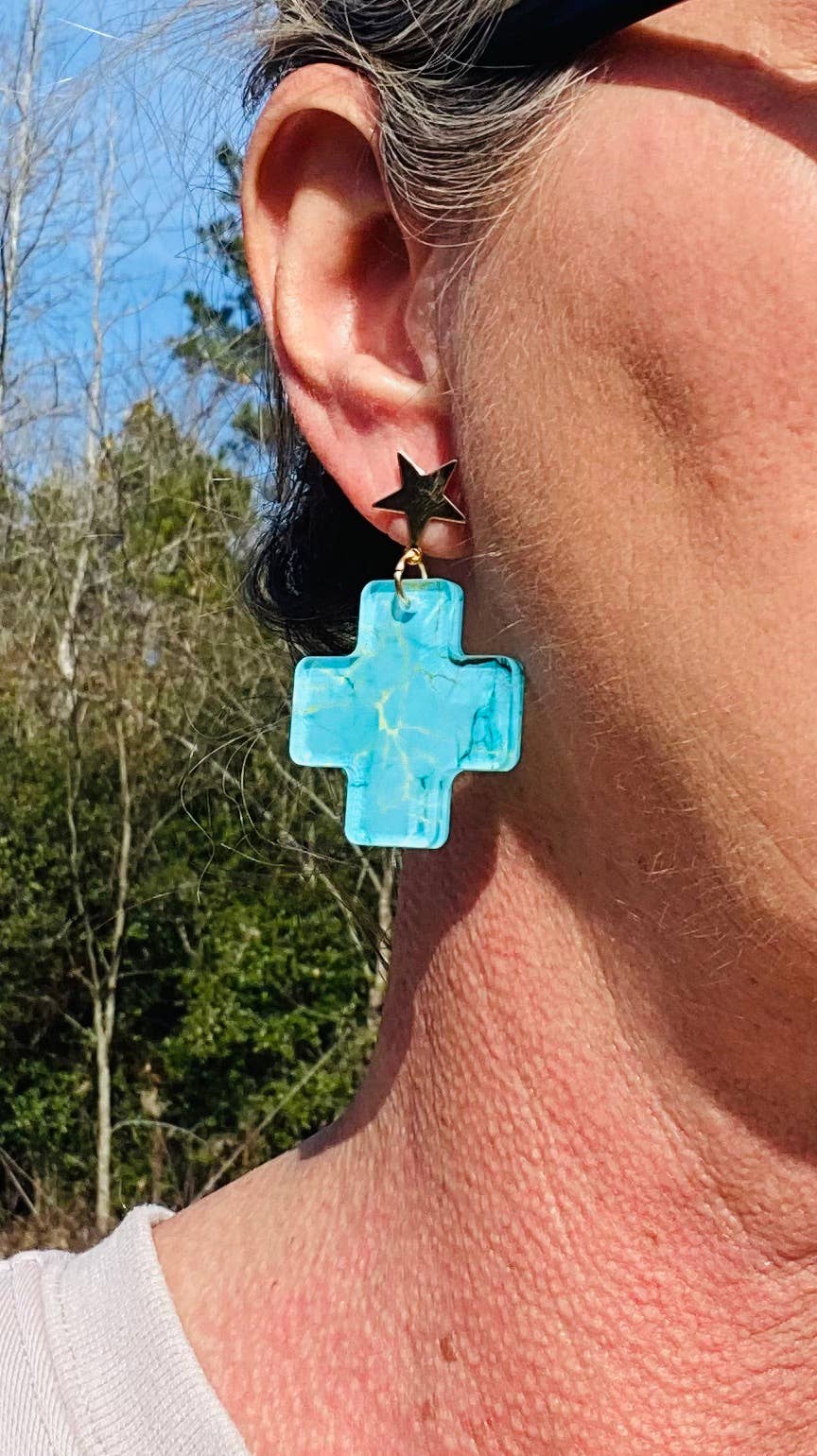 Turquoise Stone Cross Earrings | Star Stud Dangles