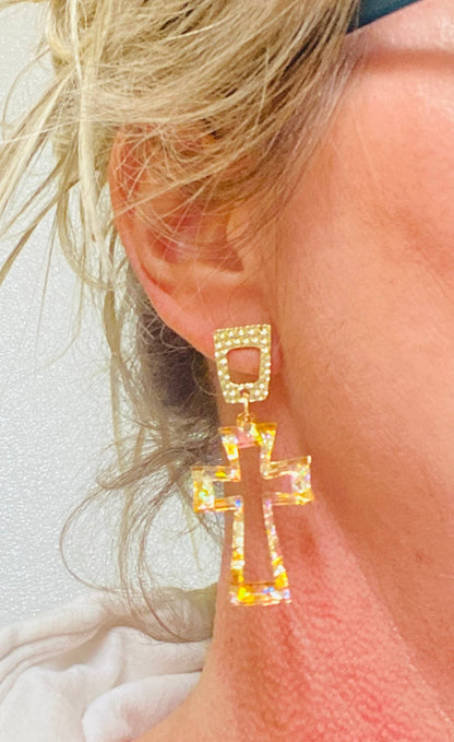 CRUCIFIX CHUNKY GLITTER CROSS ACRYLIC EARRINGS