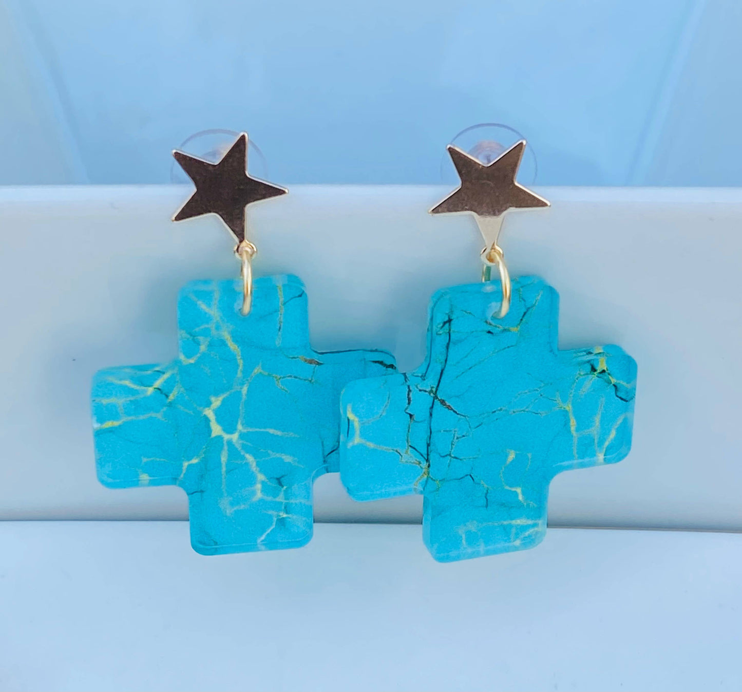 Turquoise Stone Cross Earrings | Star Stud Dangles