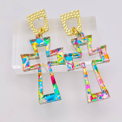 CRUCIFIX CHUNKY GLITTER CROSS ACRYLIC EARRINGS